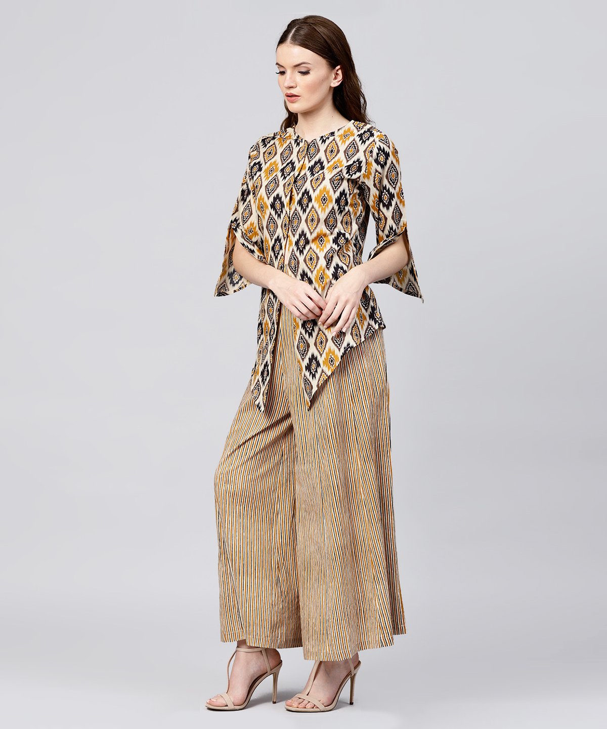 Yellow Printed 3/4Th Sleeve Cotton Assymetric Tops With Striped Flared Skirt | LASVINI - Redefining Indian Fashion with Elegance