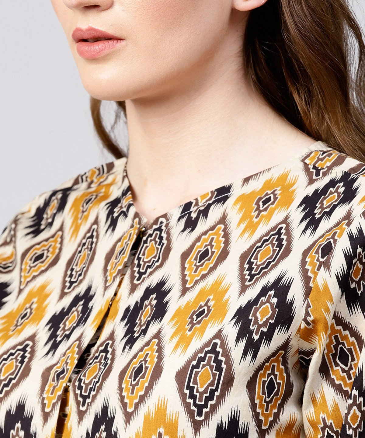 Yellow Printed 3/4Th Sleeve Cotton Assymetric Tops With Striped Flared Skirt | LASVINI - Redefining Indian Fashion with Elegance