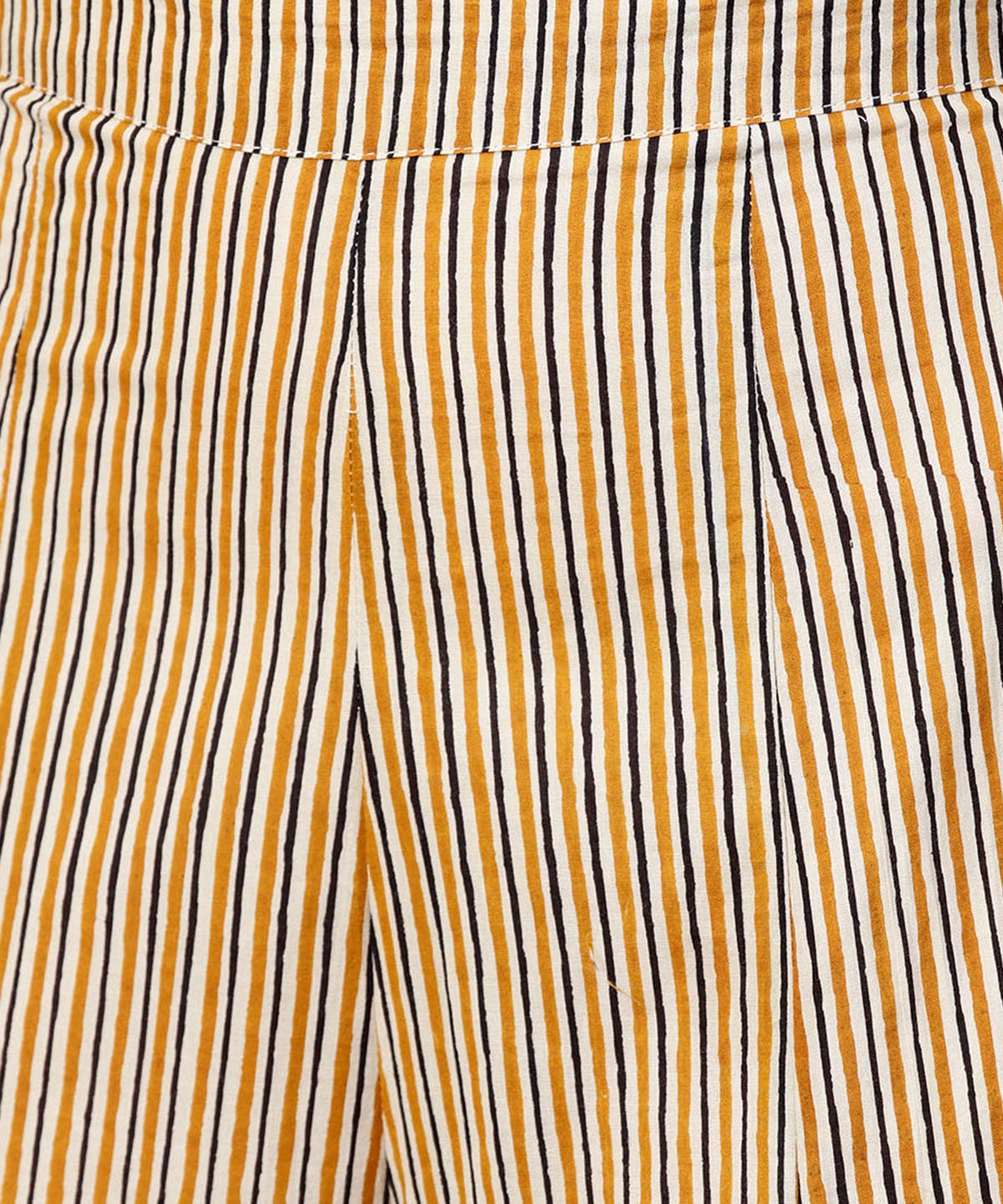 Yellow Printed 3/4Th Sleeve Cotton Assymetric Tops With Striped Flared Skirt | LASVINI - Redefining Indian Fashion with Elegance