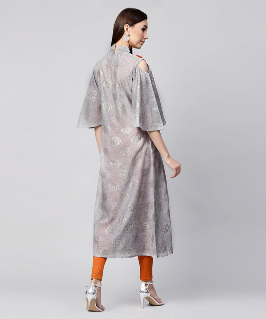Grey Foil Printed 3/4Th Circle Cold Shoulder Sleeve Cotton Kurta With Tussel Work At Yoke | LASVINI - Redefining Indian Fashion with Elegance