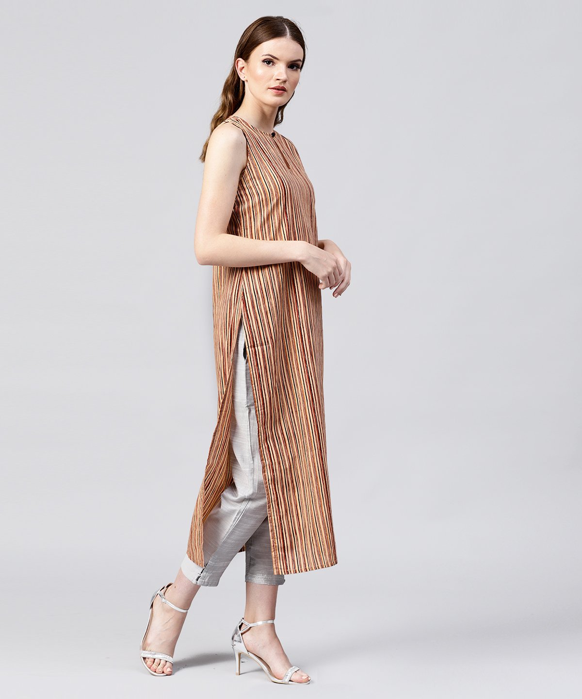 Beige Striped Sleeveless Cotton Long Kurta | LASVINI - Redefining Indian Fashion with Elegance