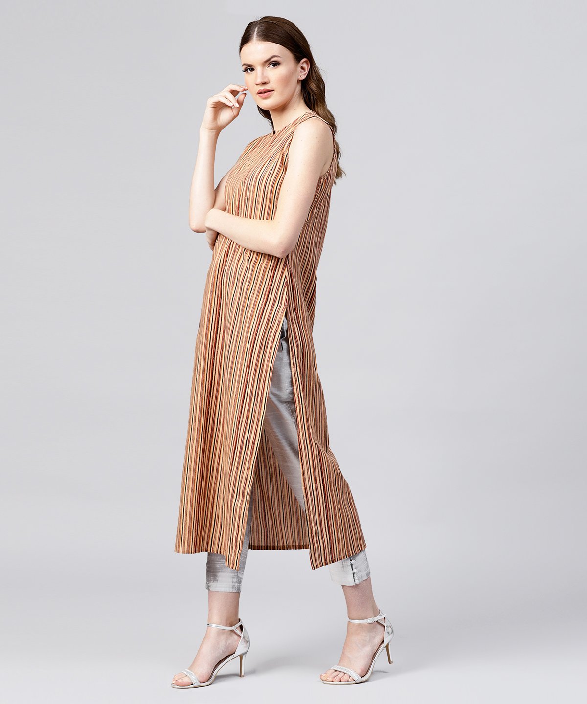 Beige Striped Sleeveless Cotton Long Kurta | LASVINI - Redefining Indian Fashion with Elegance