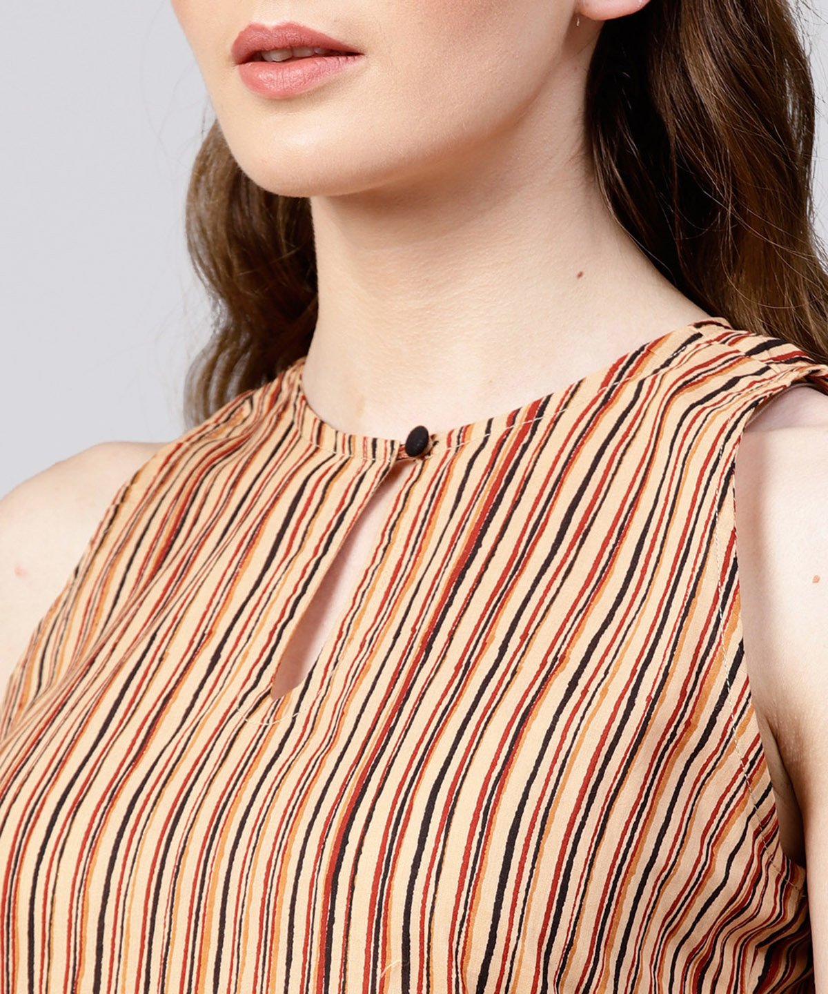 Beige Striped Sleeveless Cotton Long Kurta | LASVINI - Redefining Indian Fashion with Elegance