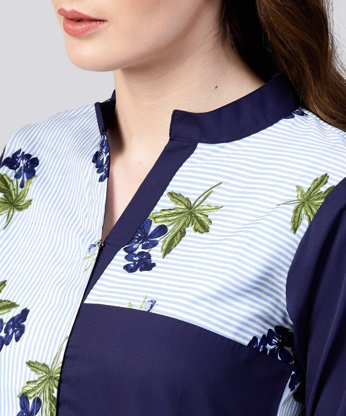 Blue Striped Printed 3/4Th Sleeve Crepe Kurta | LASVINI - Redefining Indian Fashion with Elegance