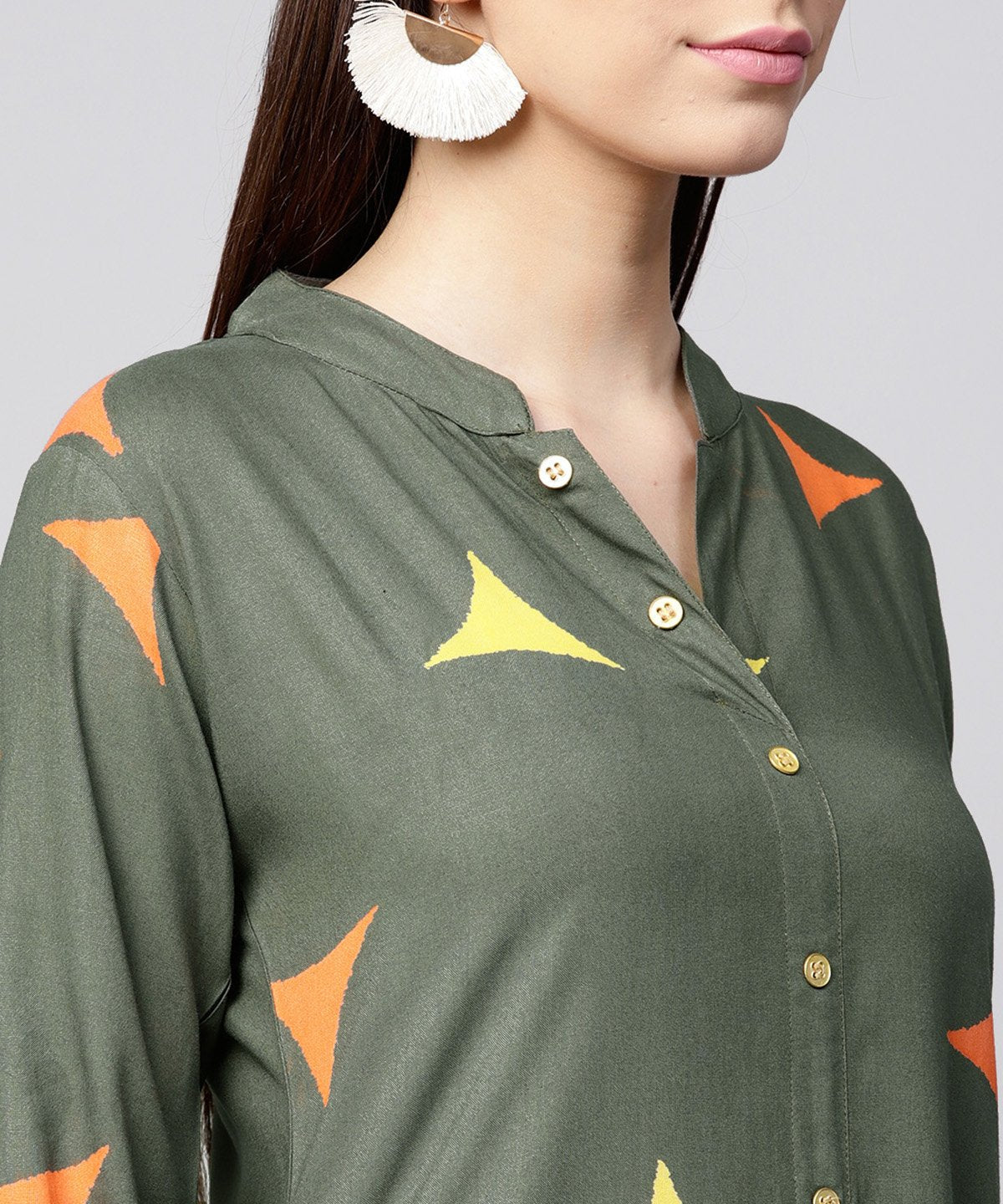 Green Printed 3/4Th Sleeve Cotton Front Open Kurta | LASVINI - Redefining Indian Fashion with Elegance
