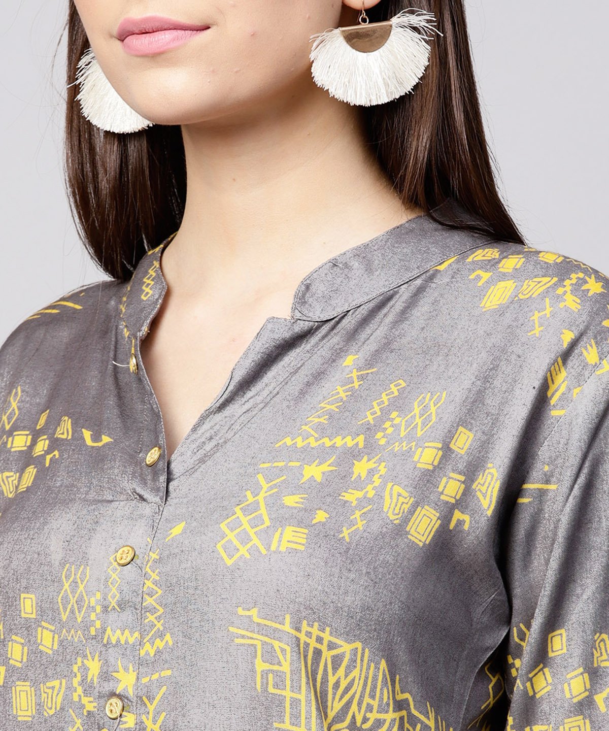 Grey Printed 3/4Th Sleeve Cotton Front Open Kurta | LASVINI - Redefining Indian Fashion with Elegance
