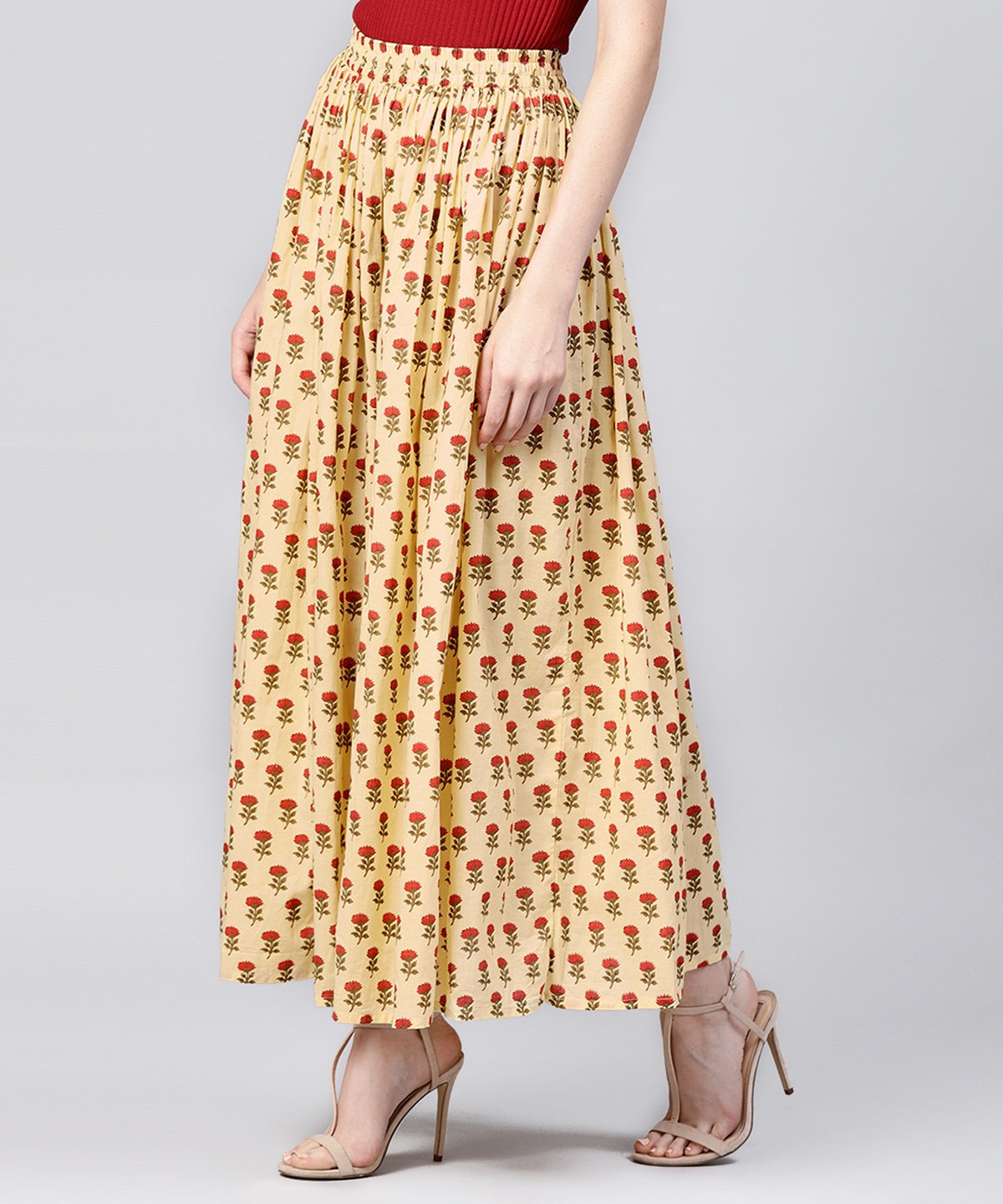 Yellow Printed Cotton Ankle Length Flared Skirt | LASVINI - Redefining Indian Fashion with Elegance