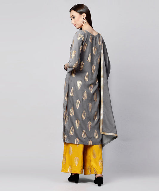 Grey Printed 3/4Th Sleeve Cotton Kurta With Yellow Printed Pallazo And Grey Dupatta | LASVINI - Redefining Indian Fashion with Elegance