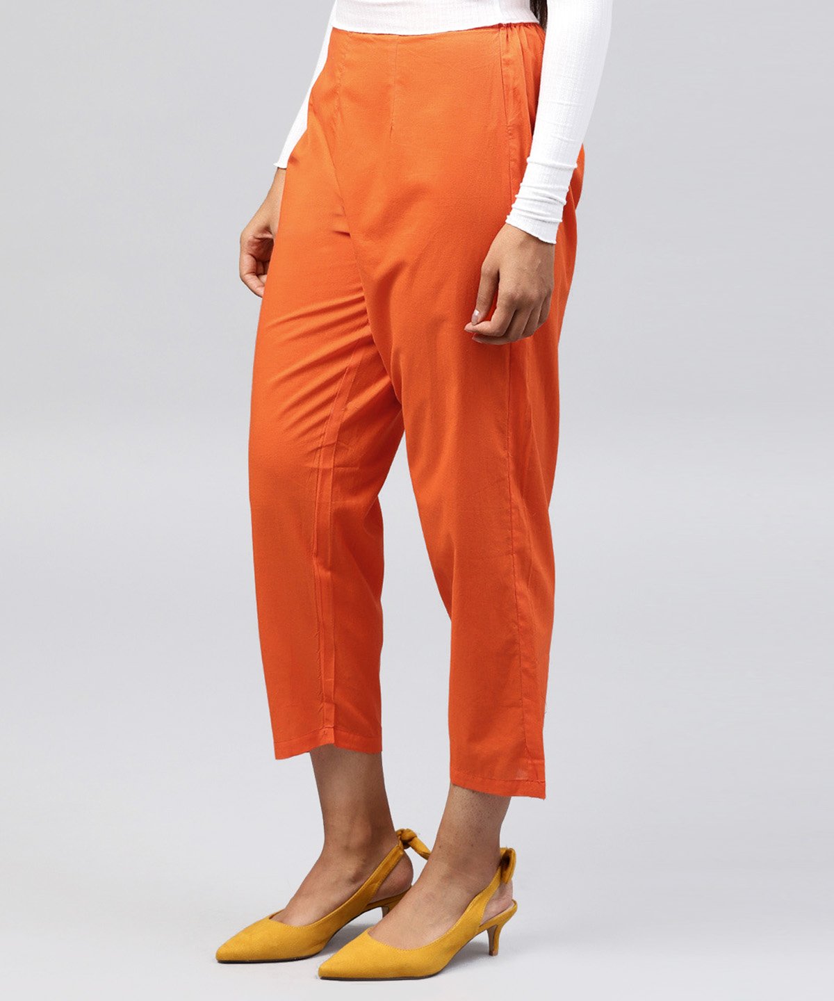 Solid Orange Ankle Length Cotton Regular Fit Trouser | LASVINI - Redefining Indian Fashion with Elegance
