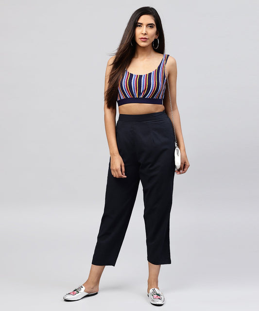 Navy Blue Ankle Length Cotton Regular Fit Trouser | LASVINI - Redefining Indian Fashion with Elegance