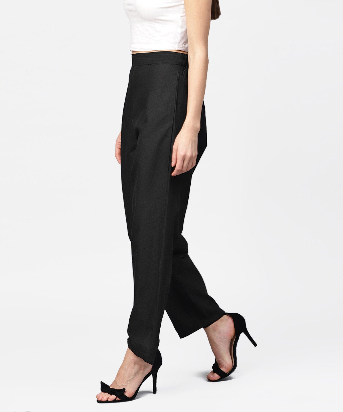 Solid Black Ankle Length Cotton Regular Fit Trouser | LASVINI - Redefining Indian Fashion with Elegance