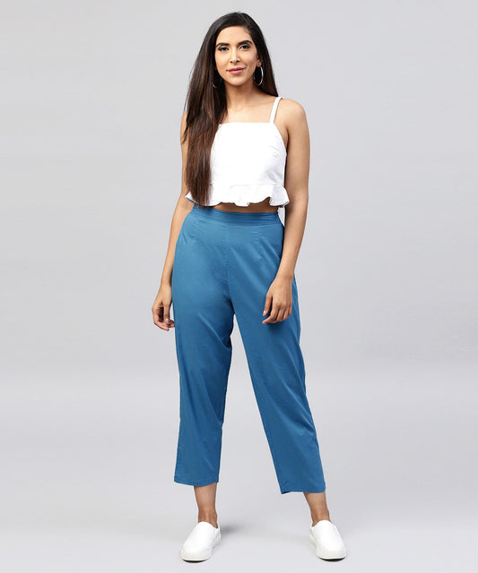 Solid Blue Ankle Length Cotton Regular Fit Trouser | LASVINI - Redefining Indian Fashion with Elegance