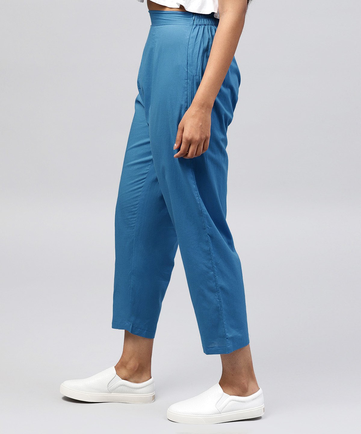 Solid Blue Ankle Length Cotton Regular Fit Trouser | LASVINI - Redefining Indian Fashion with Elegance