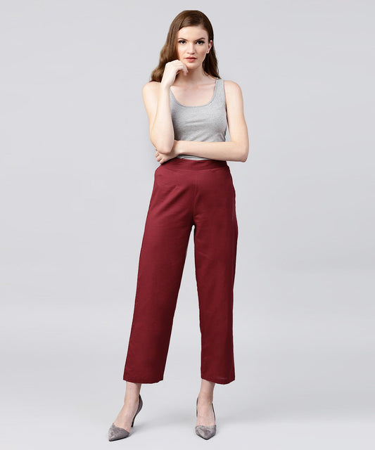 Solid Maroon Ankle Length Cotton Regular Fit Trouser | LASVINI - Redefining Indian Fashion with Elegance