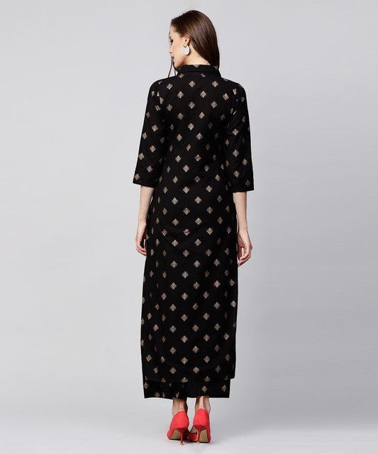 Black Printed 3/4Th Sleeve Cotton Kurta With Printed Pallazo | LASVINI - Redefining Indian Fashion with Elegance