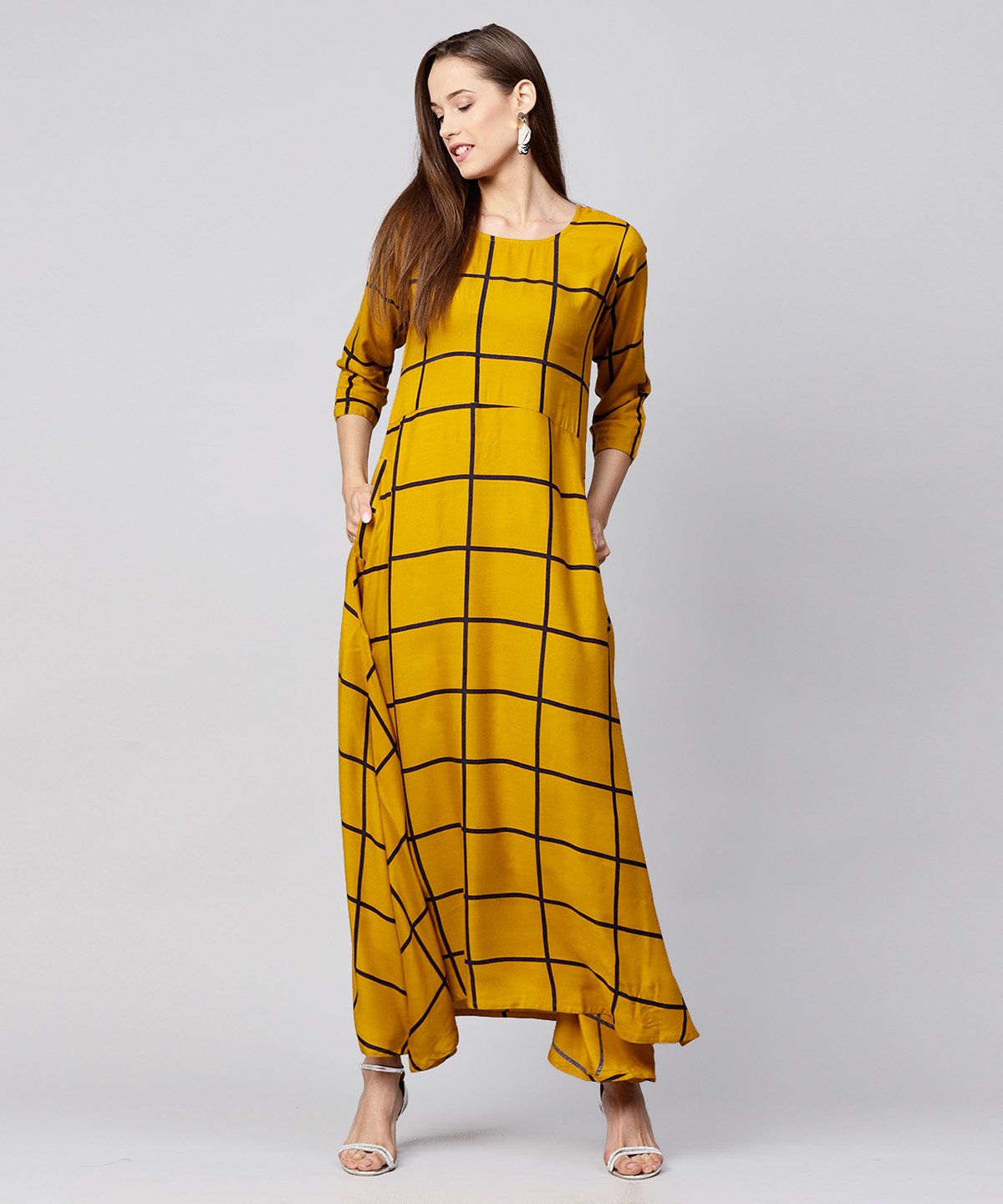 Yellow Checked 3/4Th Sleeve Cotton A-Line Kurta | LASVINI - Redefining Indian Fashion with Elegance