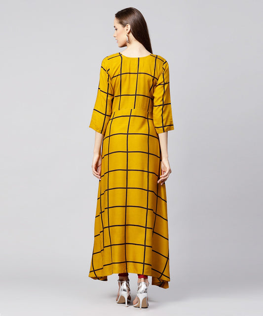 Yellow Checked 3/4Th Sleeve Cotton A-Line Kurta | LASVINI - Redefining Indian Fashion with Elegance