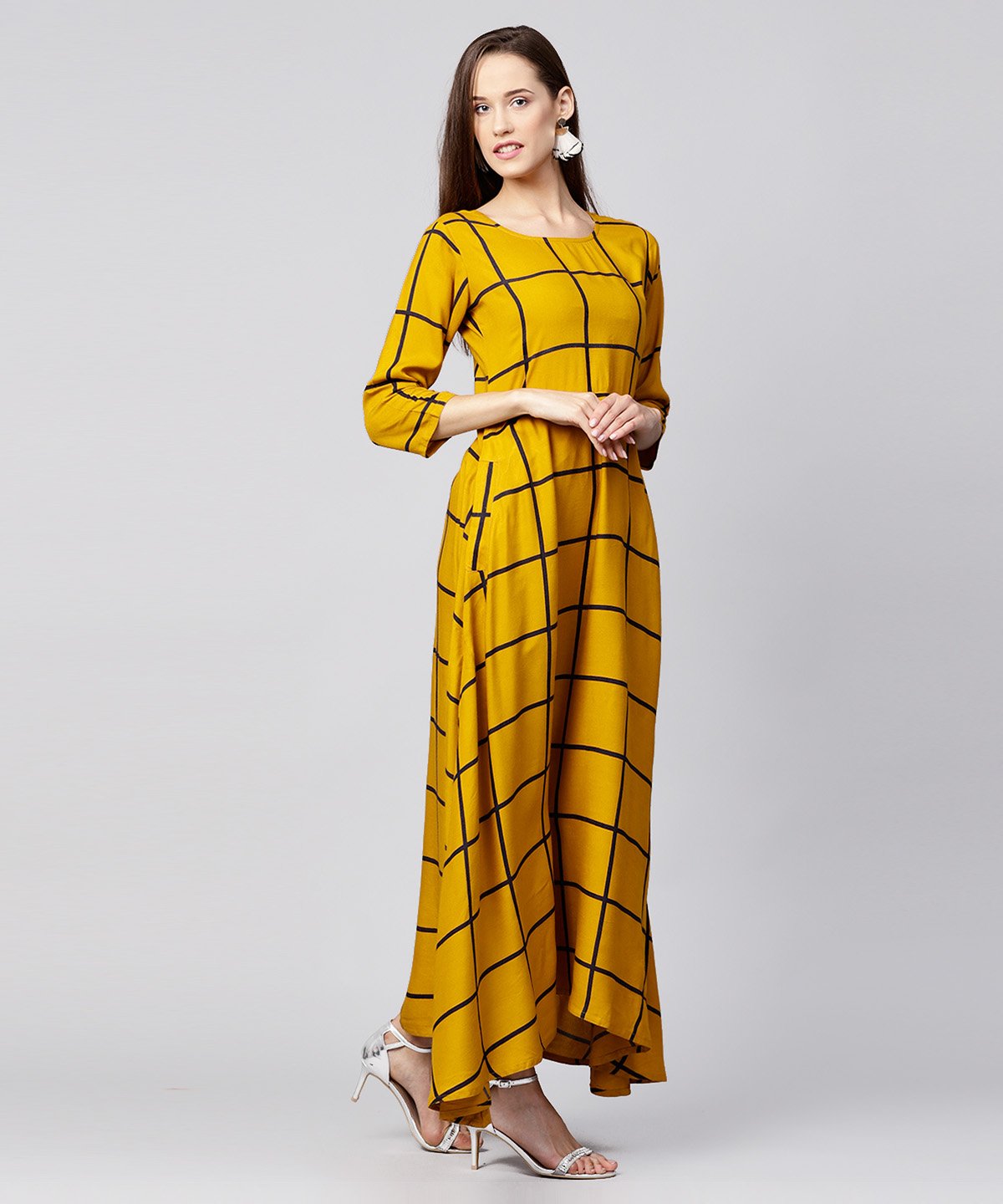 Yellow Checked 3/4Th Sleeve Cotton A-Line Kurta | LASVINI - Redefining Indian Fashion with Elegance