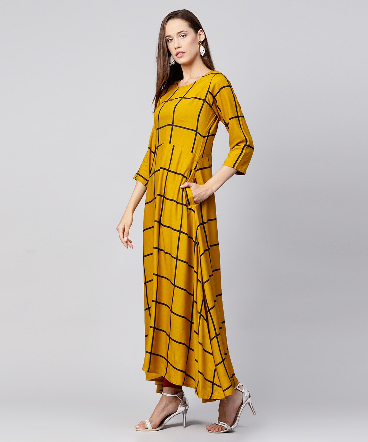 Yellow Checked 3/4Th Sleeve Cotton A-Line Kurta | LASVINI - Redefining Indian Fashion with Elegance
