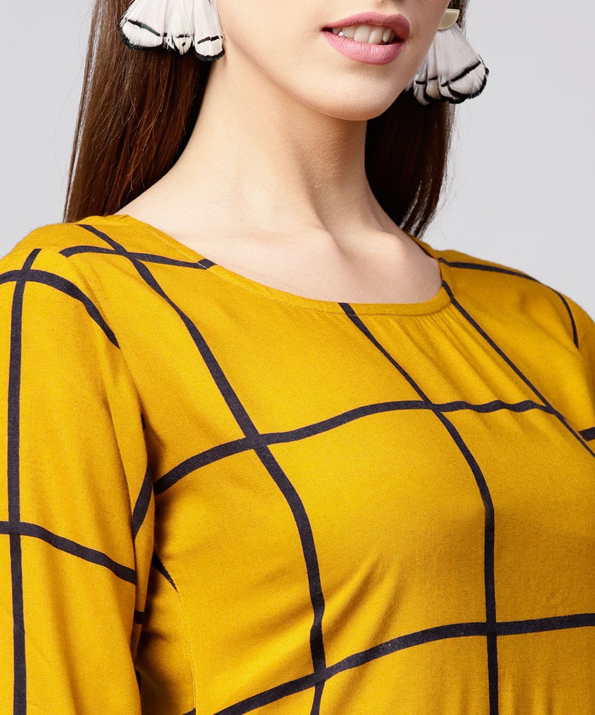 Yellow Checked 3/4Th Sleeve Cotton A-Line Kurta | LASVINI - Redefining Indian Fashion with Elegance