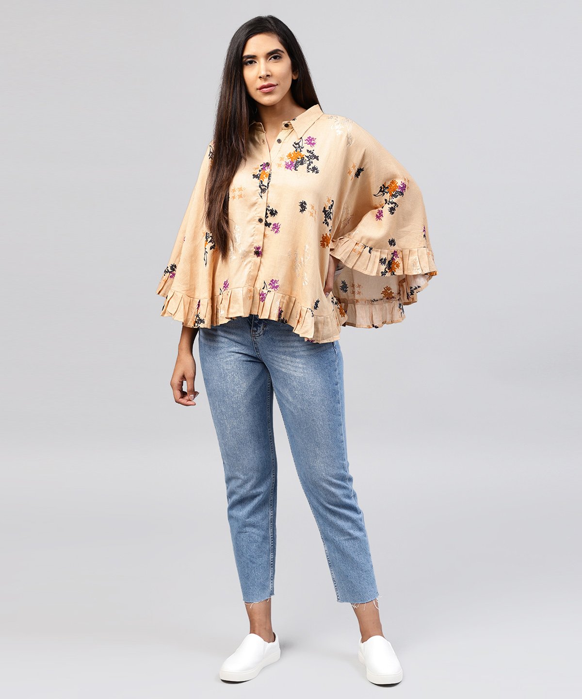 Yellow Front Open Banglori Printed Poncho Tops | LASVINI - Redefining Indian Fashion with Elegance