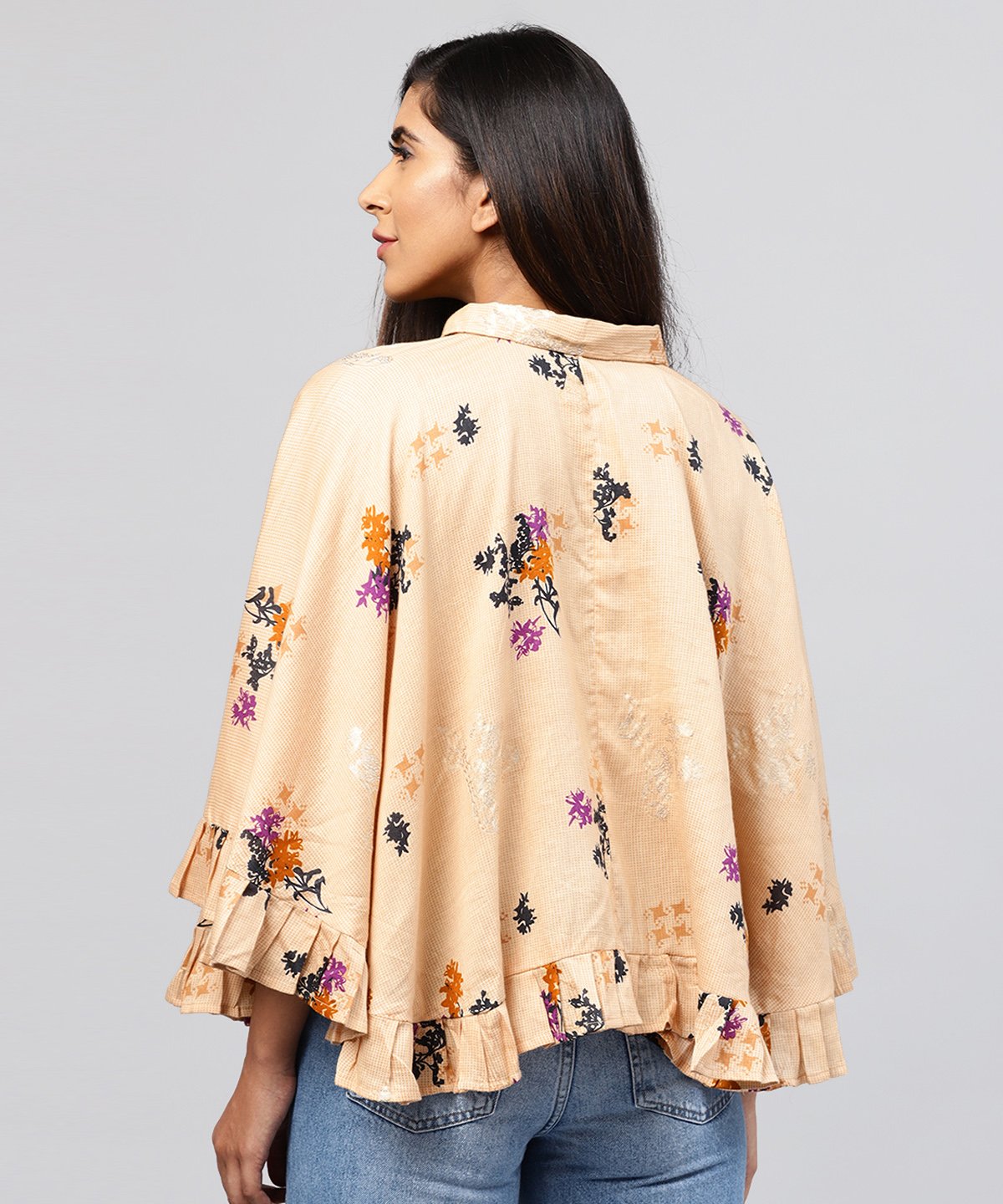 Yellow Front Open Banglori Printed Poncho Tops | LASVINI - Redefining Indian Fashion with Elegance
