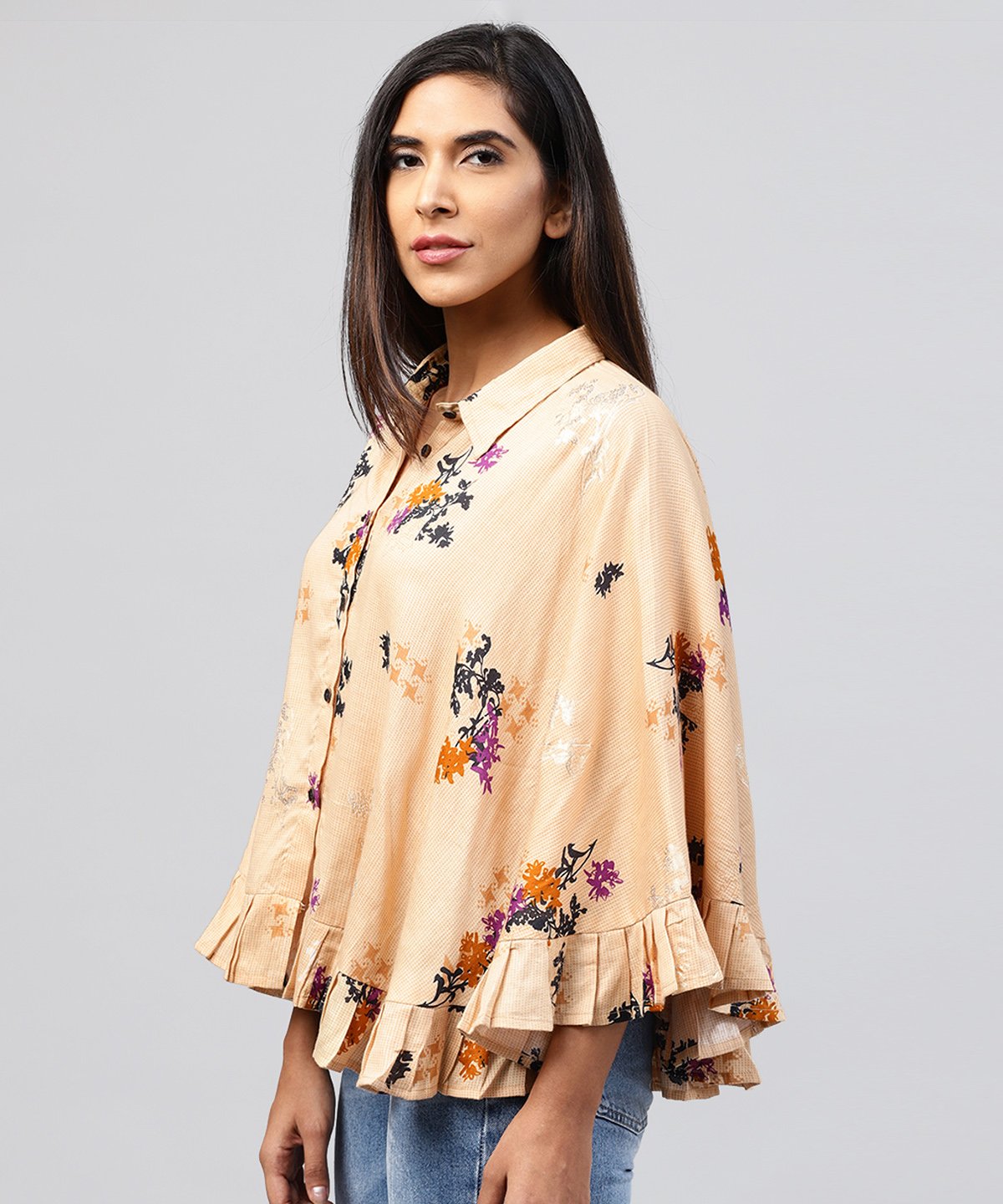 Yellow Front Open Banglori Printed Poncho Tops | LASVINI - Redefining Indian Fashion with Elegance