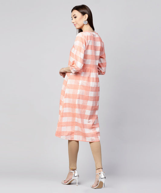 Peach Checked 3/4Th Sleeve Cotton Front Open A-Line Kurta | LASVINI - Redefining Indian Fashion with Elegance