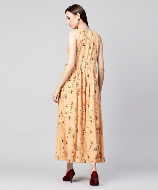 Yellow Printed Sleeveless Rayon A-Line Maxi Dress With Button In Yokr | LASVINI - Redefining Indian Fashion with Elegance