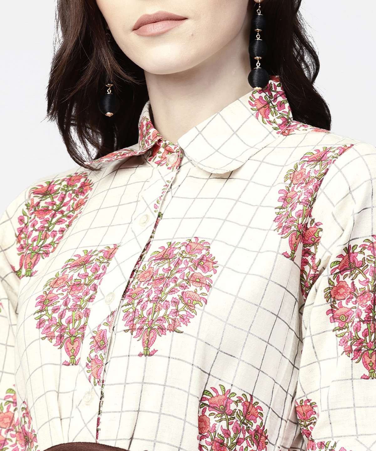 White Check Printed Half Sleeve Front Open Tunic With Belt | LASVINI - Redefining Indian Fashion with Elegance