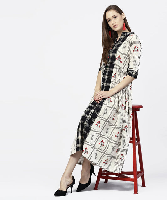 Off White Printed Half Sleeve A-Line Maxi Dress | LASVINI - Redefining Indian Fashion with Elegance