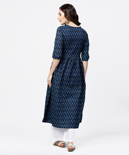 Blue Printed Gathered A-Line Kurta With White Palazzo | LASVINI - Redefining Indian Fashion with Elegance