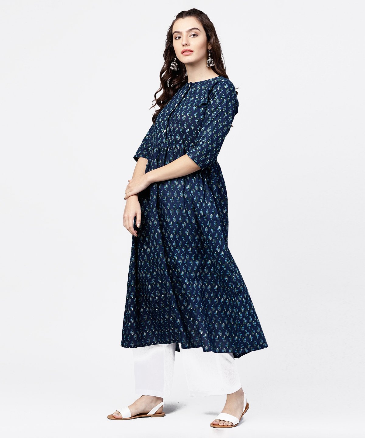 Blue Printed Gathered A-Line Kurta With White Palazzo | LASVINI - Redefining Indian Fashion with Elegance