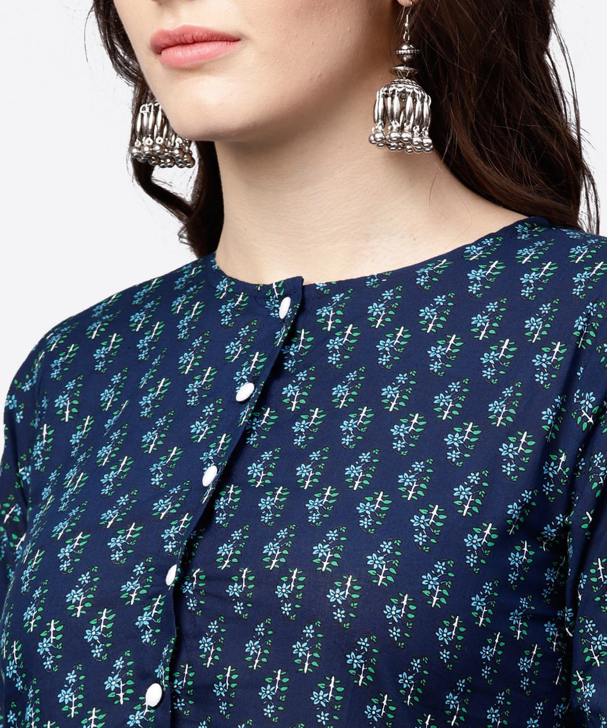Blue Printed Gathered A-Line Kurta With White Palazzo | LASVINI - Redefining Indian Fashion with Elegance