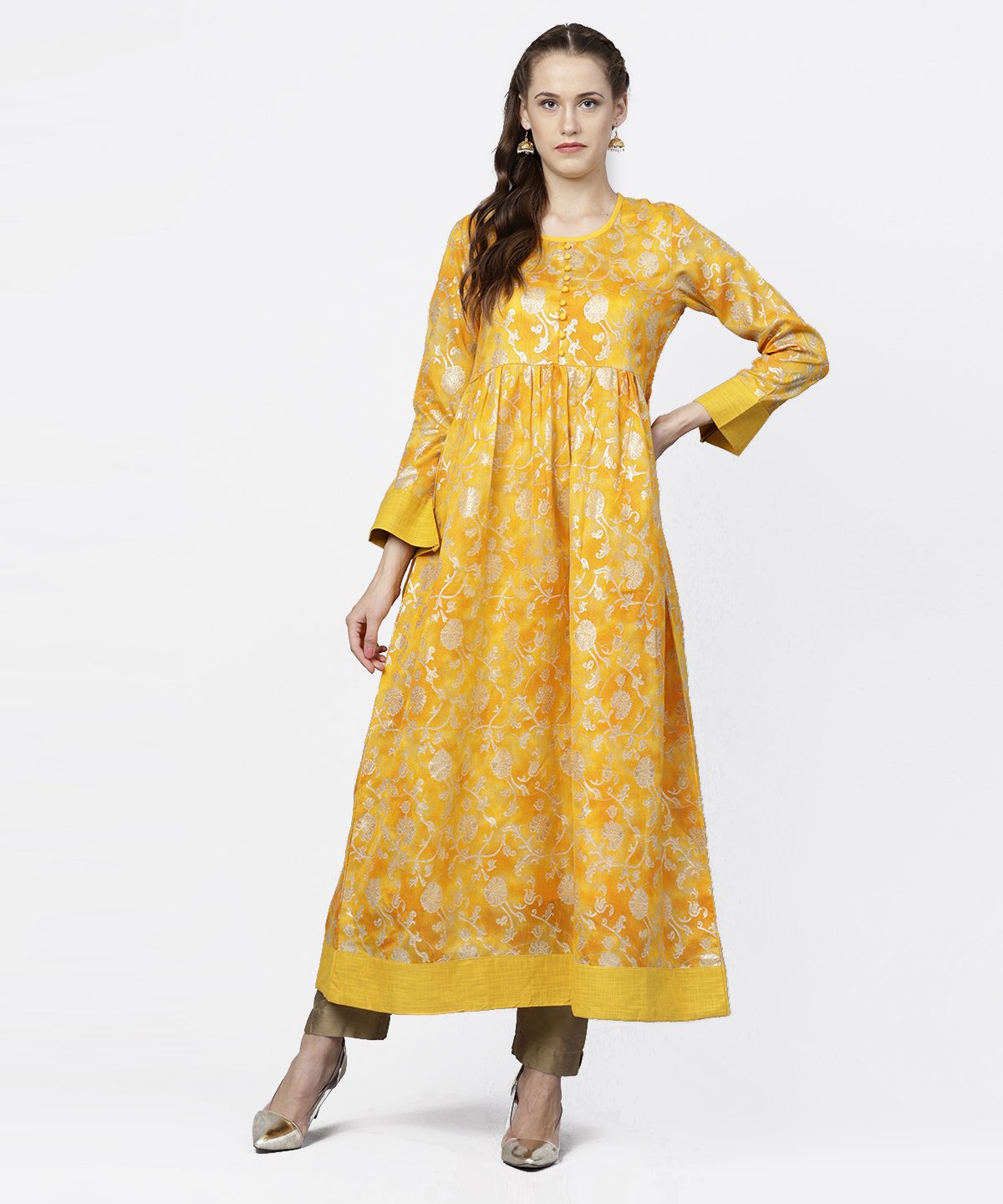 Yellow Banglori Printed Round Neck 3/4Th Sleeve A-Line Maxi Dress | LASVINI - Redefining Indian Fashion with Elegance