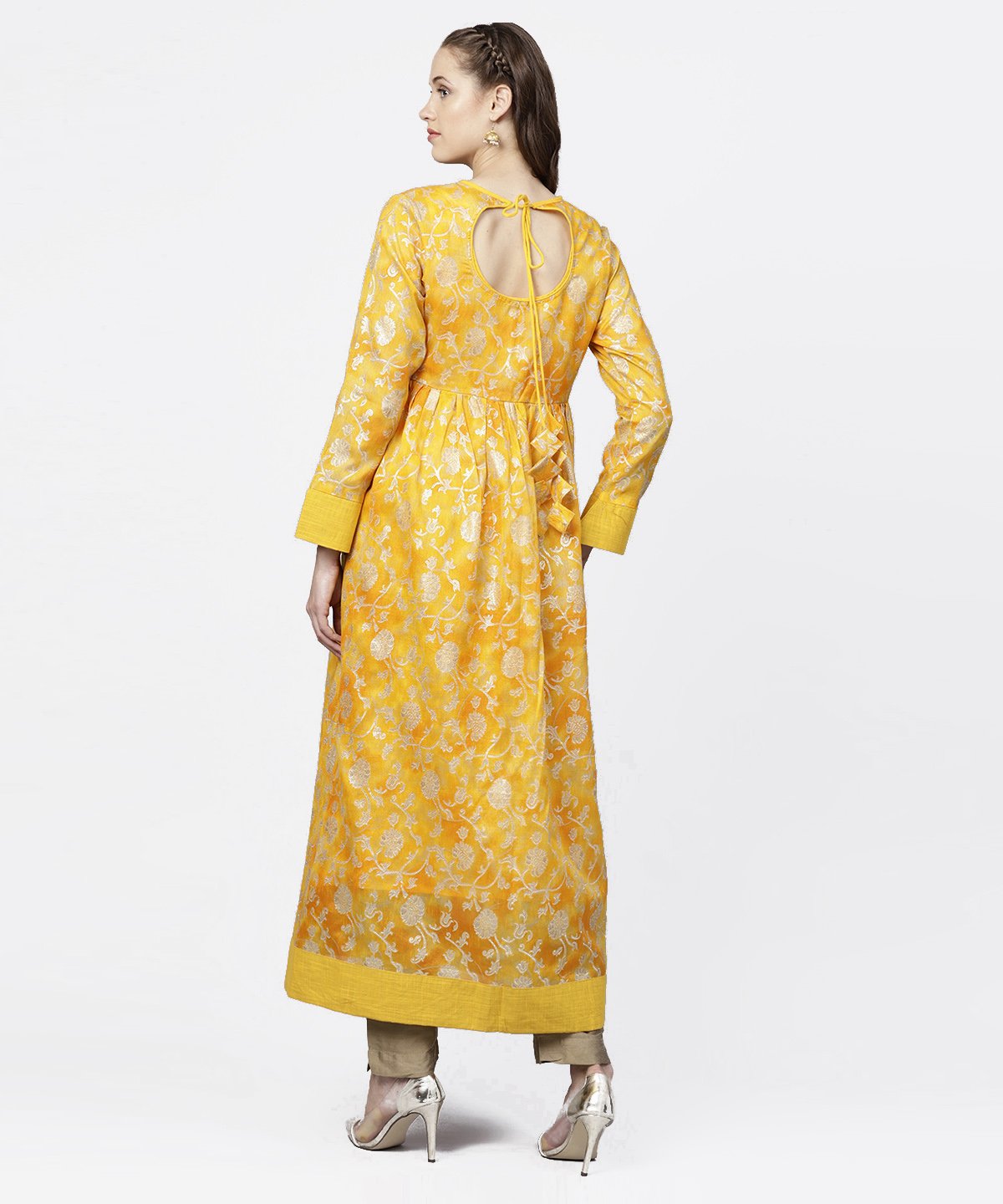 Yellow Banglori Printed Round Neck 3/4Th Sleeve A-Line Maxi Dress | LASVINI - Redefining Indian Fashion with Elegance