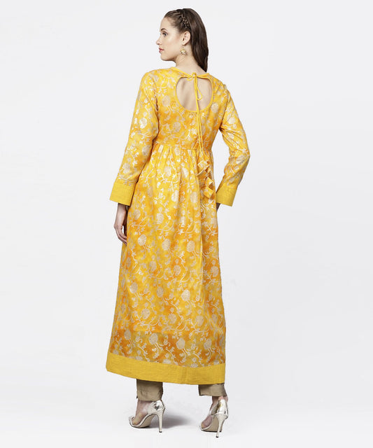Yellow Banglori Printed Round Neck 3/4Th Sleeve A-Line Maxi Dress | LASVINI - Redefining Indian Fashion with Elegance