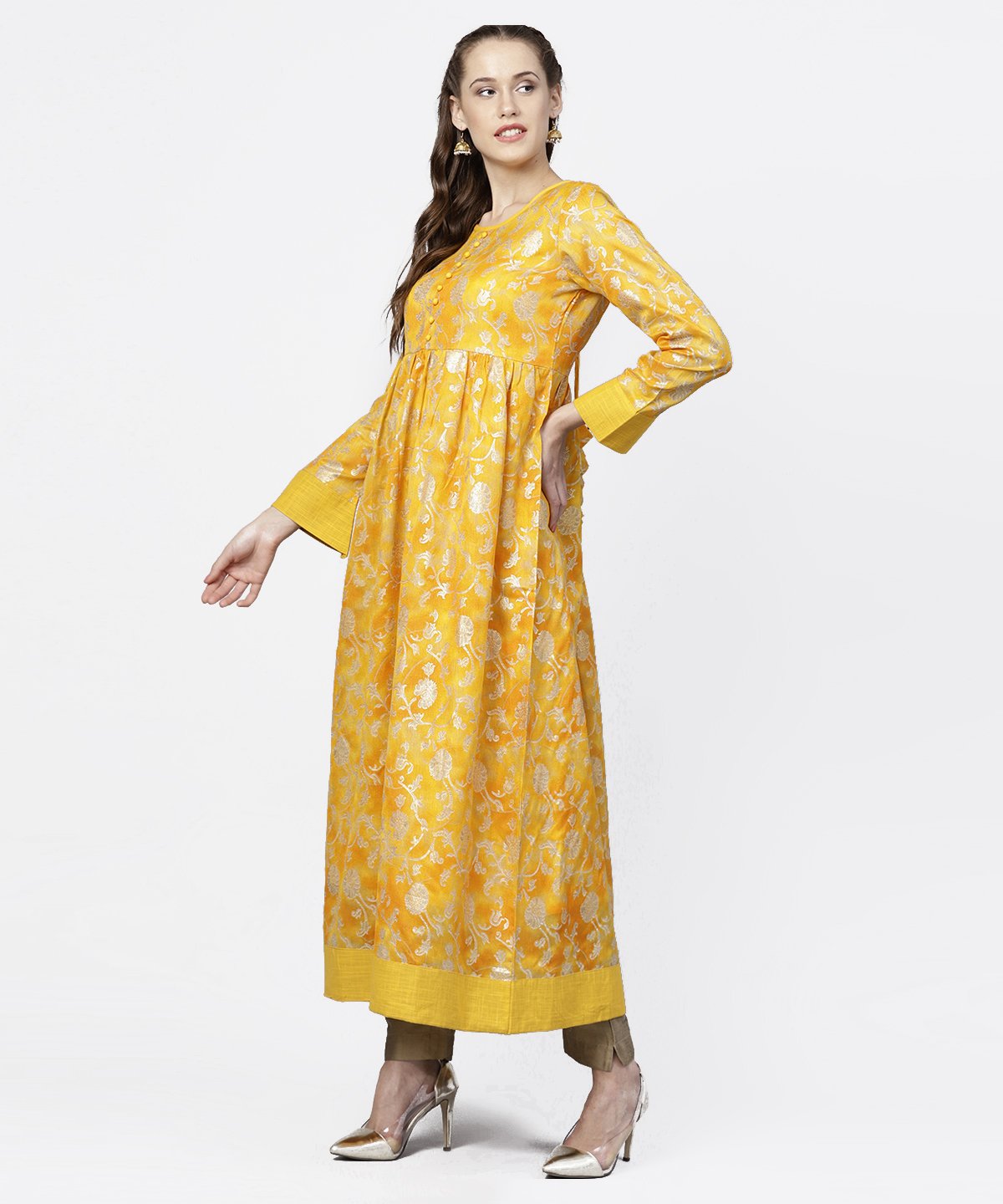 Yellow Banglori Printed Round Neck 3/4Th Sleeve A-Line Maxi Dress | LASVINI - Redefining Indian Fashion with Elegance