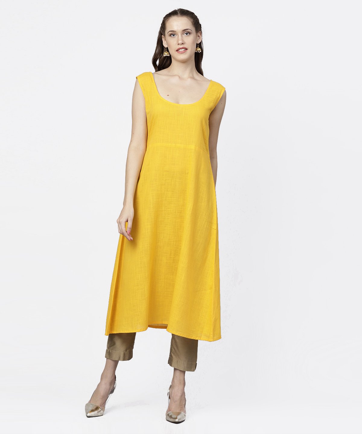 Yellow Banglori Printed Round Neck 3/4Th Sleeve A-Line Maxi Dress | LASVINI - Redefining Indian Fashion with Elegance