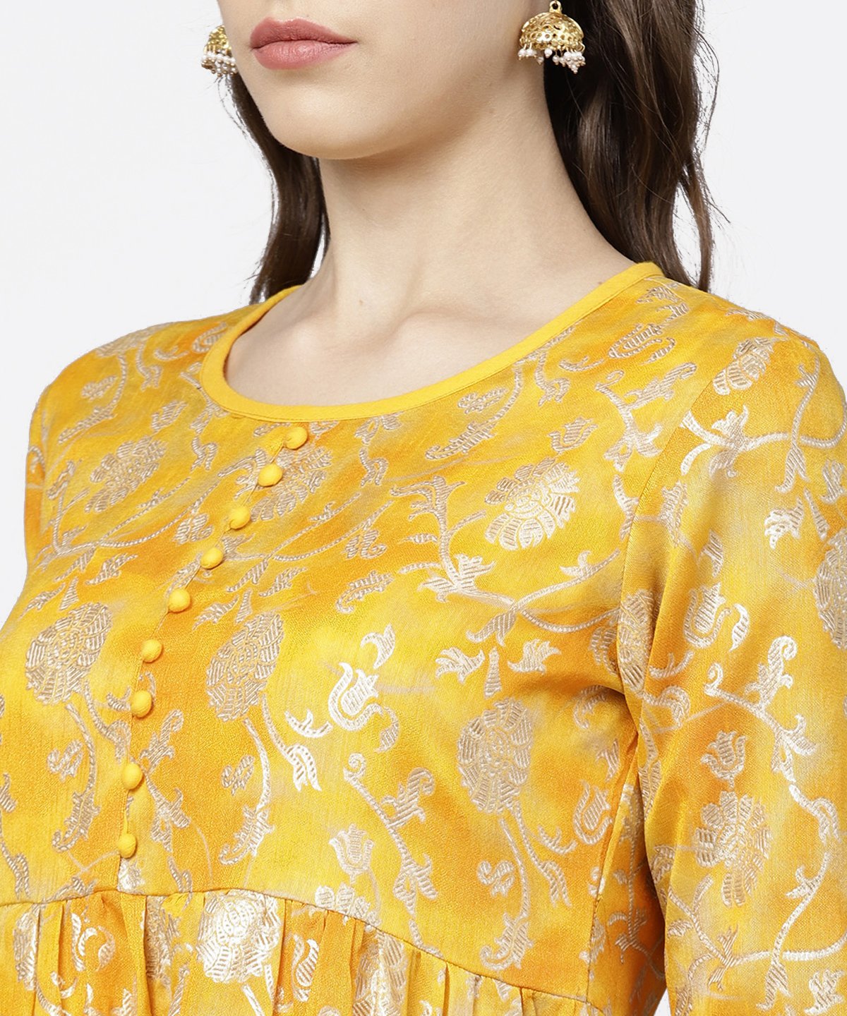 Yellow Banglori Printed Round Neck 3/4Th Sleeve A-Line Maxi Dress | LASVINI - Redefining Indian Fashion with Elegance