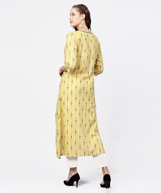 Yellow Printed 3/4Th Sleeve Asymmetric A-Line Kurta | LASVINI - Redefining Indian Fashion with Elegance