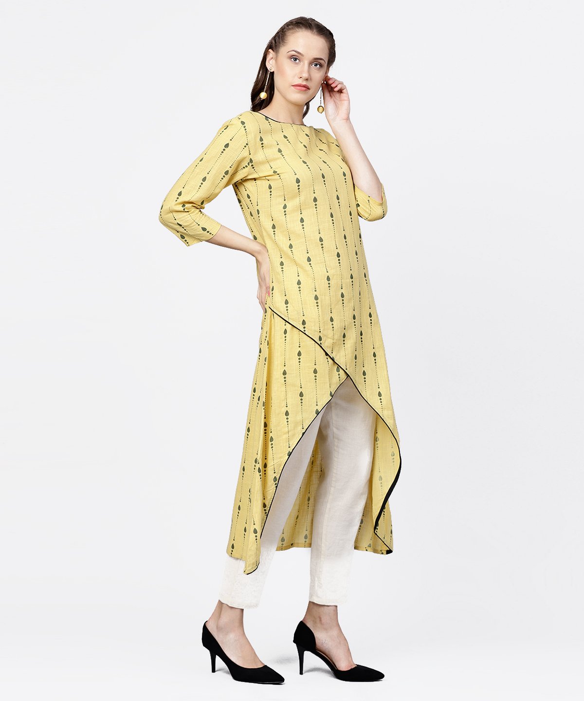 Yellow Printed 3/4Th Sleeve Asymmetric A-Line Kurta | LASVINI - Redefining Indian Fashion with Elegance