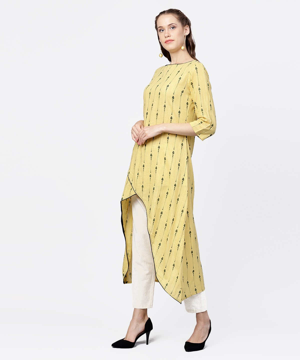 Yellow Printed 3/4Th Sleeve Asymmetric A-Line Kurta | LASVINI - Redefining Indian Fashion with Elegance