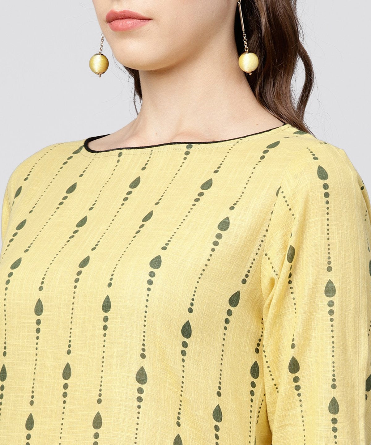 Yellow Printed 3/4Th Sleeve Asymmetric A-Line Kurta | LASVINI - Redefining Indian Fashion with Elegance