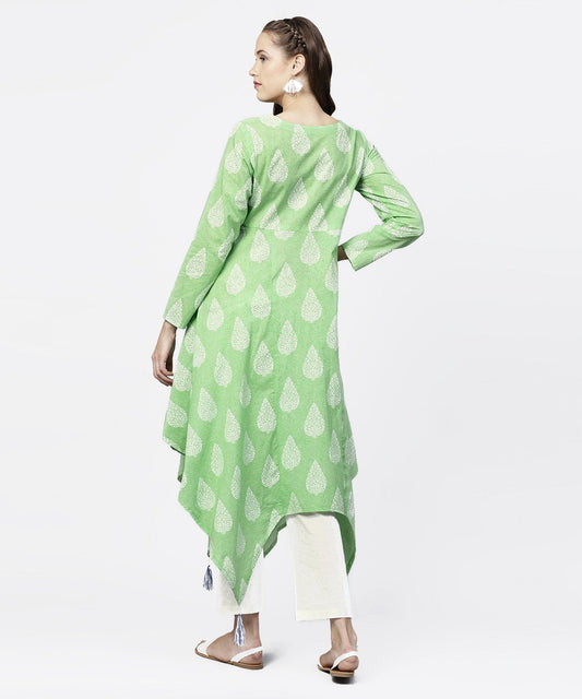 Green Printed 3/4Th Sleeve Assymetrical Kurta With White Palazzo | LASVINI - Redefining Indian Fashion with Elegance