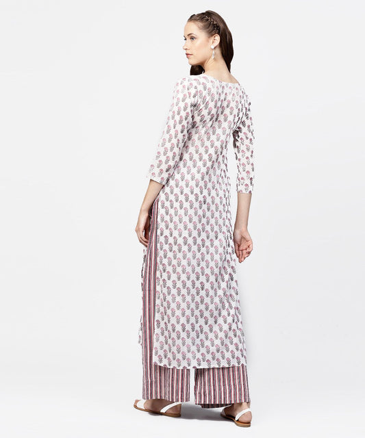 Off White Printed 3/4Th Sleeve Straight Kurta With Striped Regular Fit Palazzo | LASVINI - Redefining Indian Fashion with Elegance