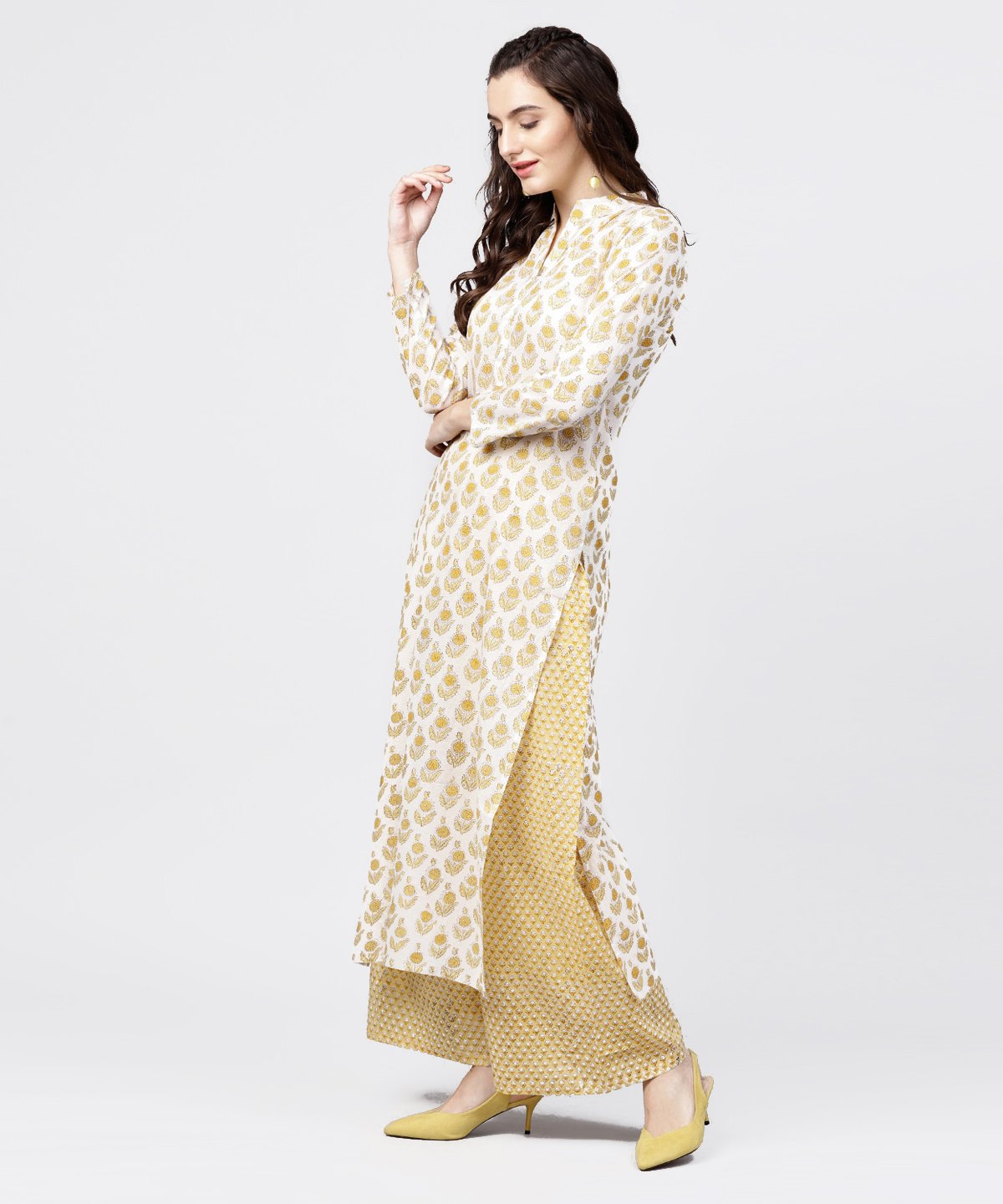 Yellow Printed 3/4Th Sleeve Straight Kurta With Printed Palazzo Set | LASVINI - Redefining Indian Fashion with Elegance