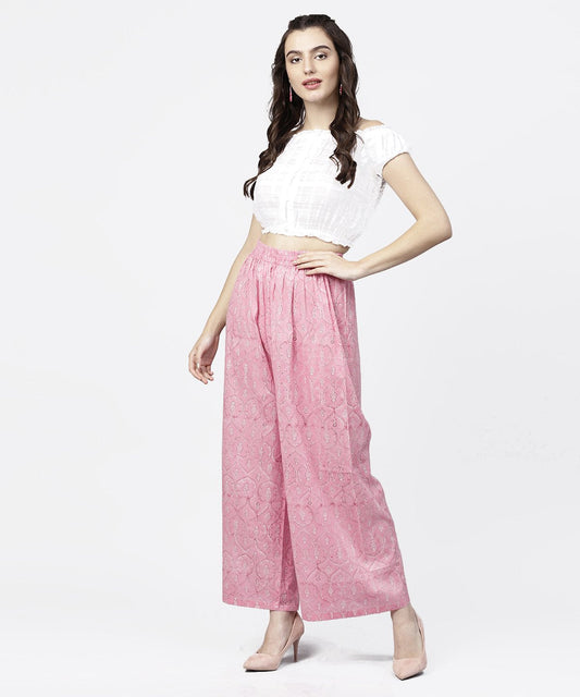 Pink Printed Ankle Length Cotton Regular Fit Palazzo | LASVINI - Redefining Indian Fashion with Elegance