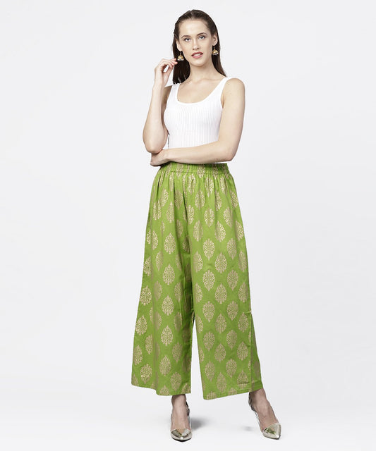 Green Khadi Gold Printed Ankle Length Palazzo | LASVINI - Redefining Indian Fashion with Elegance