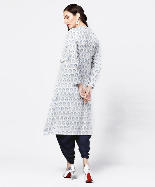 Blue Printed 3/4Th Sleeve A-Line Cotton Kurta With Solid Dye Dhoti Pant Set | LASVINI - Redefining Indian Fashion with Elegance